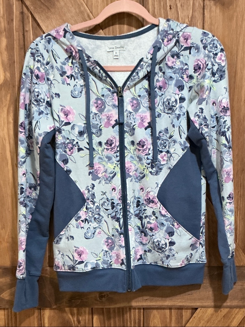 Vera Bradley Blue Floral Zip-Up Hoodie with Pink Accents